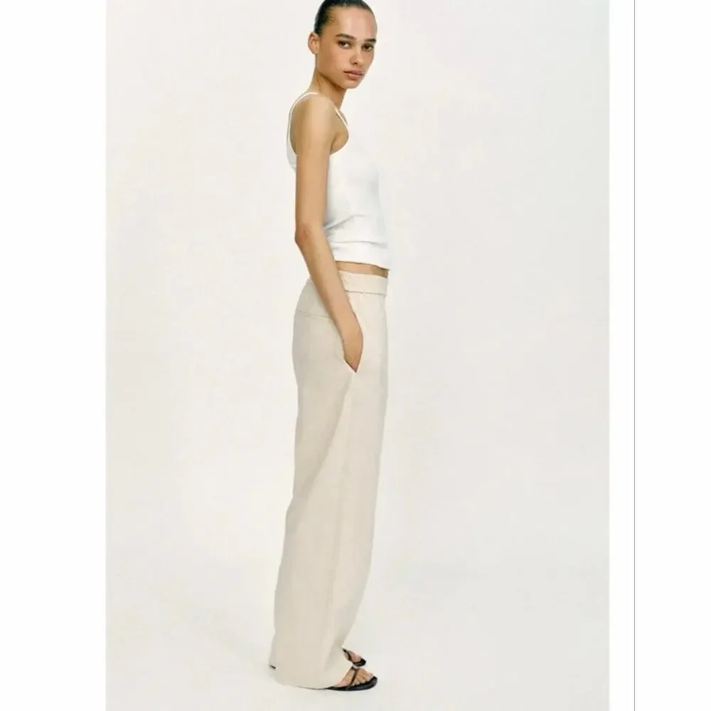 Zara Linen Blend Wide Leg Pants Beige Oatmeal Elastic Waist Size M EUC